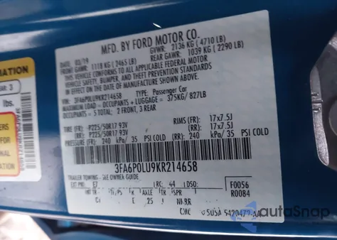 2019 Ford Fusion Hybrid Se from USA, damaged, VIN 3FA6P0LU9KR214658